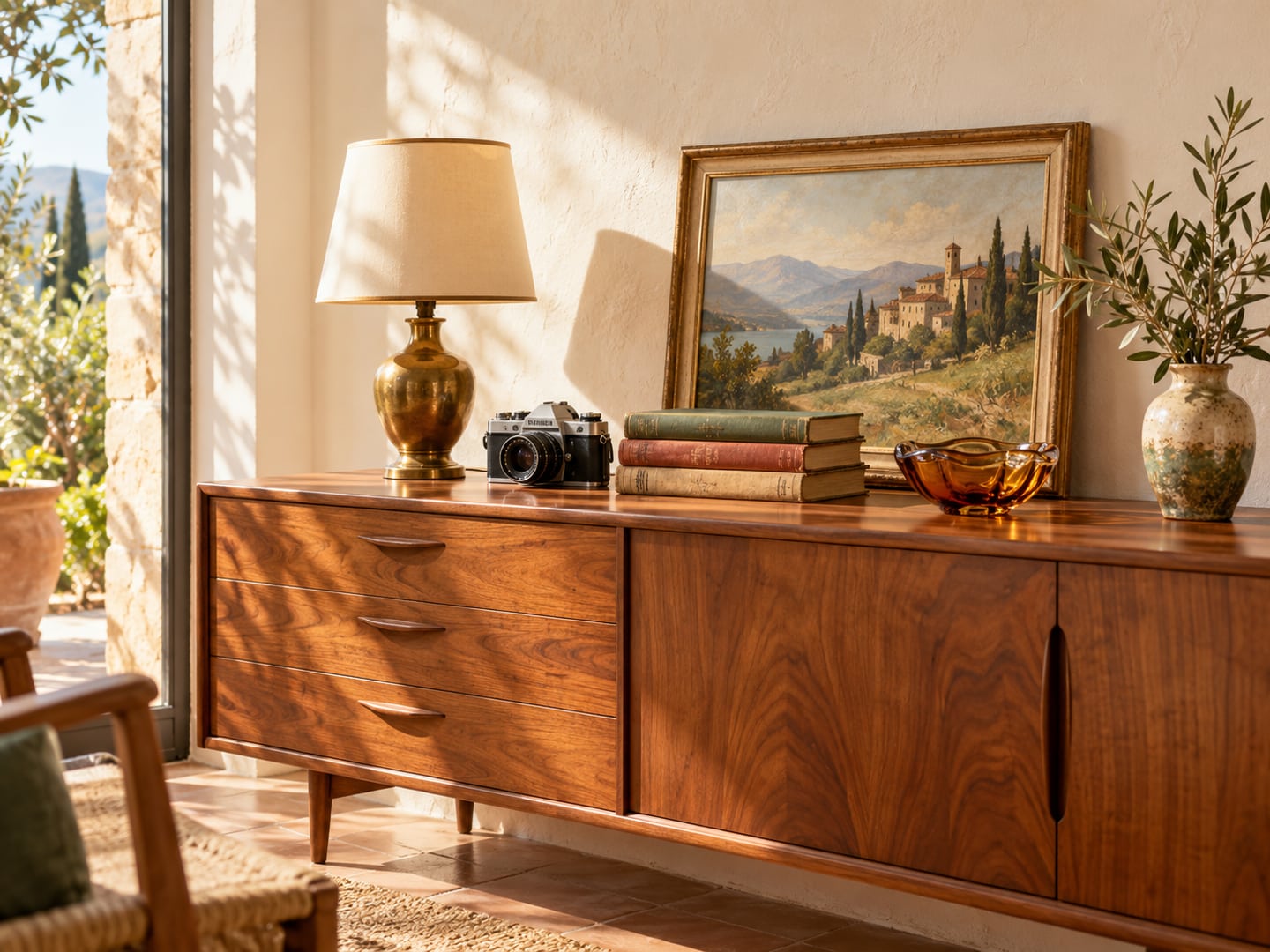 Credenza in legno con lampada in ottone, macchina fotografica, libri e oggetti vintage nella luce del sole